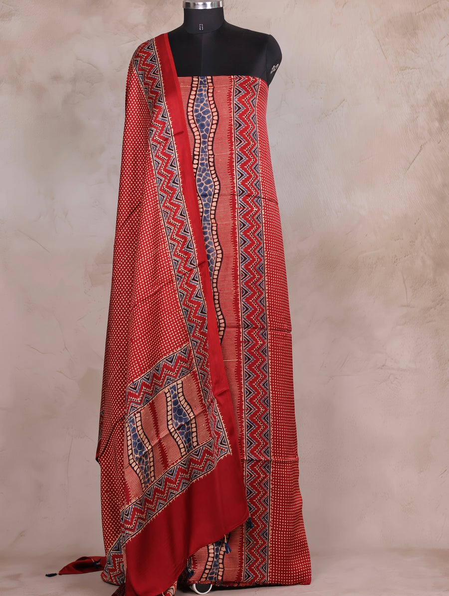 Maroon Ajrakh Handblock Printed Modal Silk 2 Piece Suit Set | Looms & Tassels