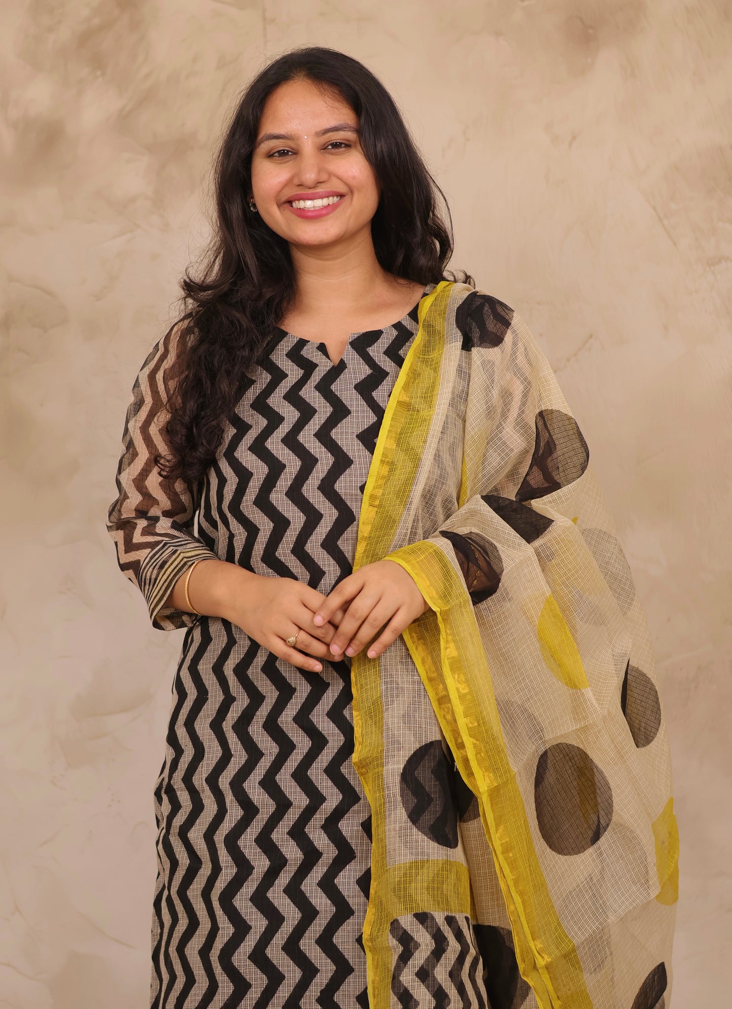 Black Contemporary Handblock printed kota 3 piece suit (stitched)