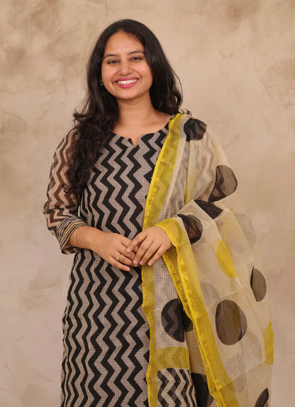 Black Contemporary Handblock printed kota 3 piece suit (stitched)