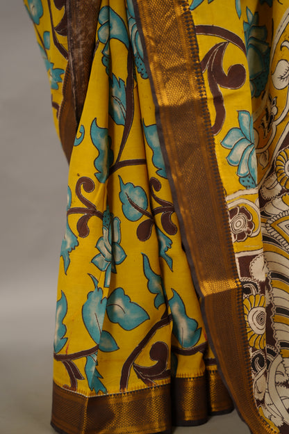 Yellow Kalamkari Nizam Border Chennur Silk Saree | Looms & Tassels