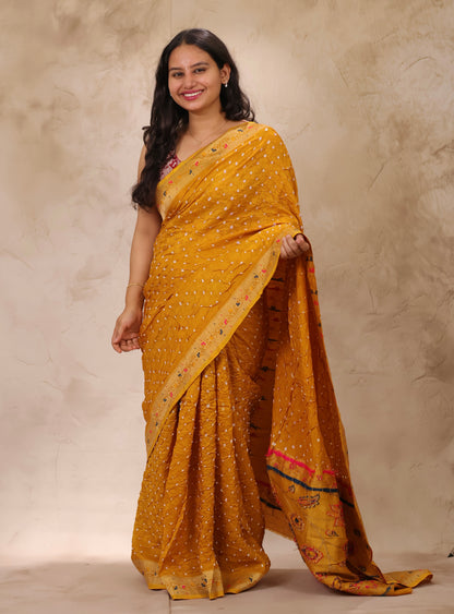 Mustard Handcrafted Bandhani Paithani Dola Silk Saree | Looms & Tassels