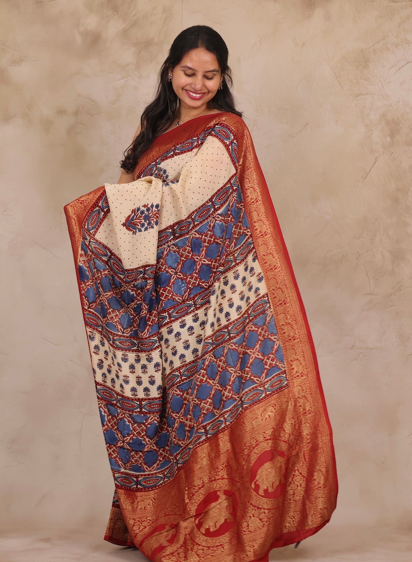 Cream Dotted Floral Ajrakh Handblock printed Dola Silk Saree | Looms & Tassels