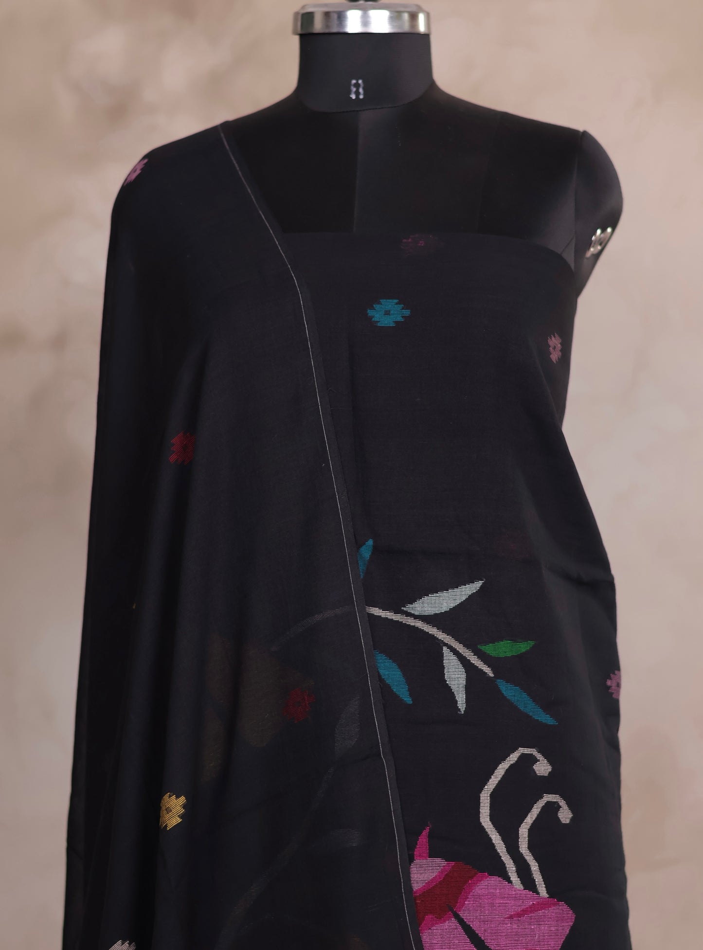 Black Handwoven Jamdhani weaving pure Malai cotton 2 piece suit sets | Looms & Tassels