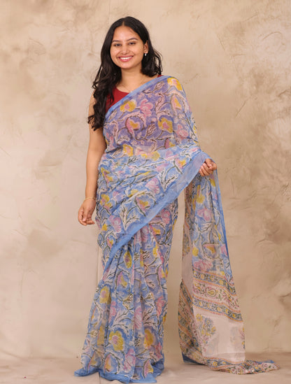 Blue Chiffon Hand Block Printed Saree | Looms & Tassels