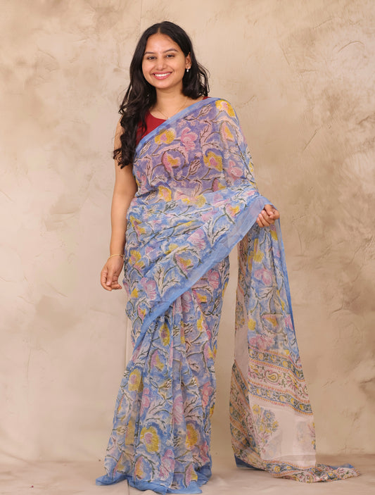 Blue Chiffon Hand Block Printed Saree | Looms & Tassels