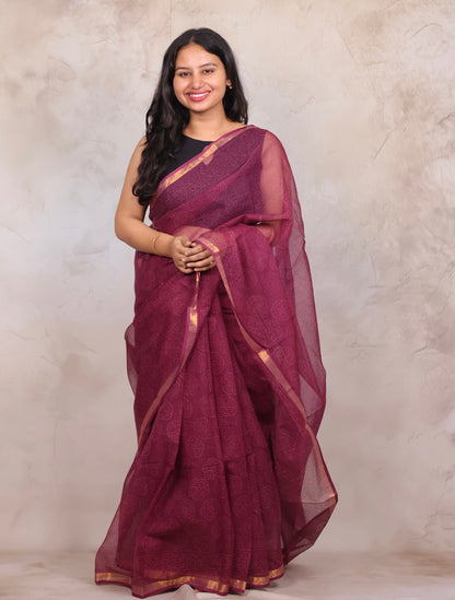 Pure Kota Doria Saree with Bagru Handblock Prints | Looms & Tassels