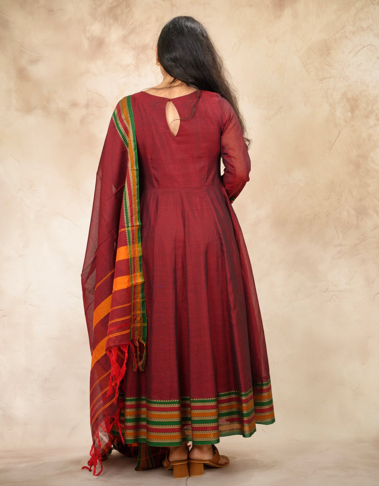 Maroon Narayanpet Cotton Anarkali Dress with Narayanpet Dupatta | Looms & Tassels