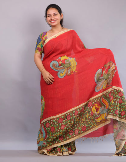 Red Hand Painted Pen Kalamkari Bangalore Silk Saree with Sungdi Borders