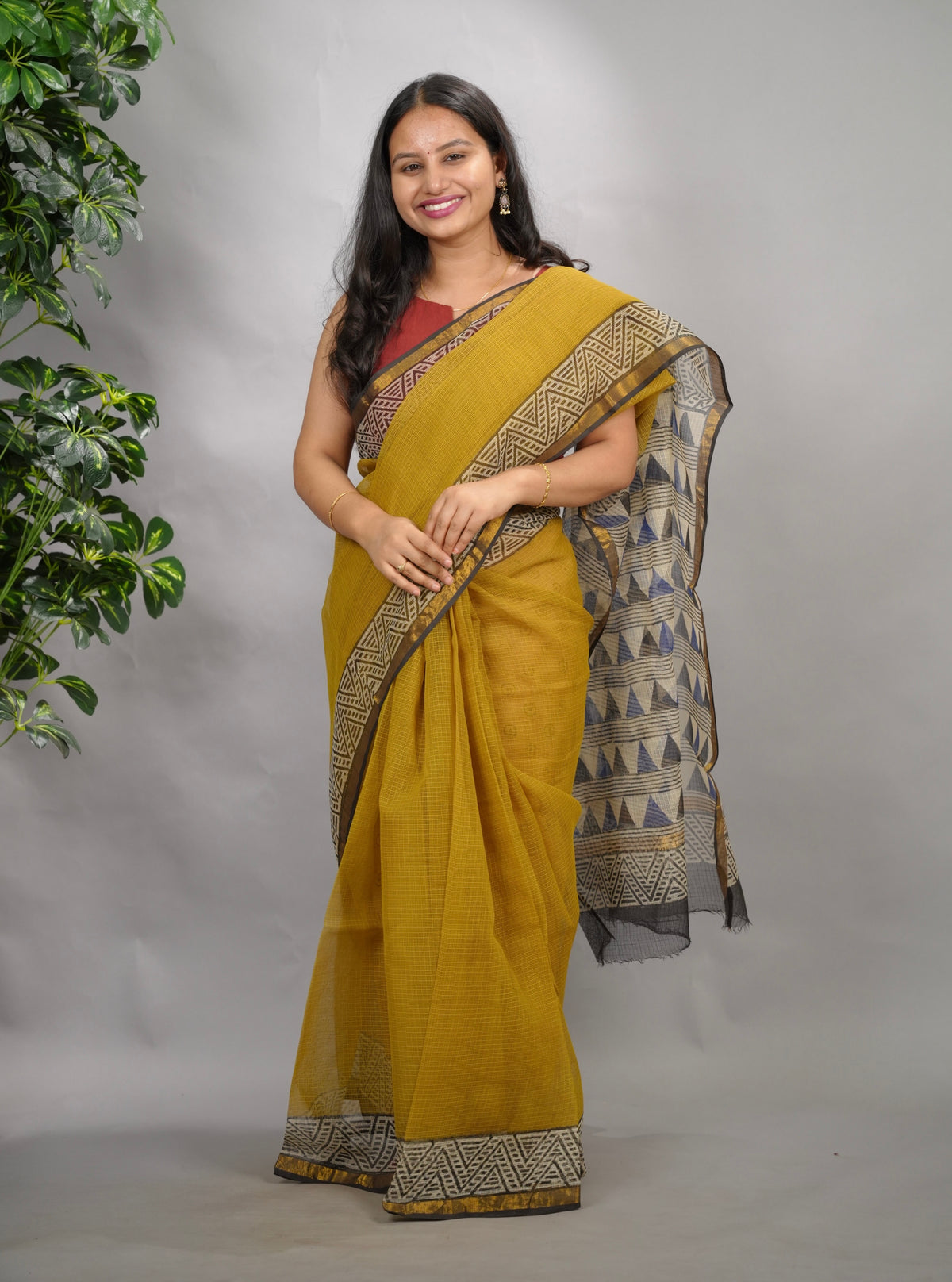 Mustard Pure Kota Doria Saree with Bagru Handblock Prints