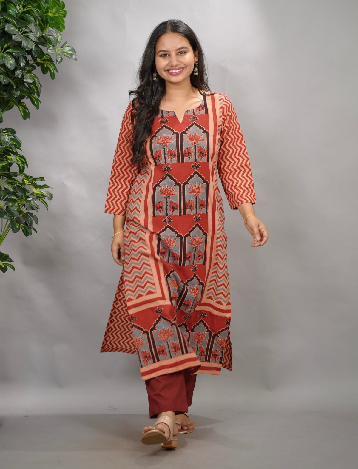 Red Ajrakh Pattern Hand Block printed Kurti | Looms & Tassels