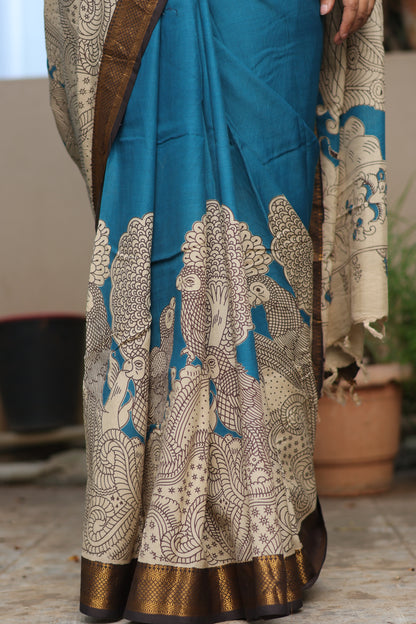 Teal Blue & Cream Traditional Folks Kalamkari Silk Handcrafted Nizam Border Saree