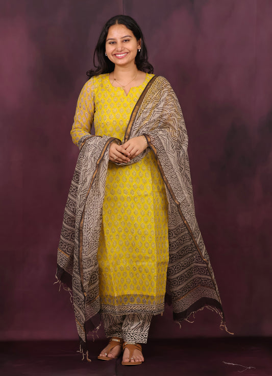 Yellow Handblock printed kota 3 piece suit (stitched)