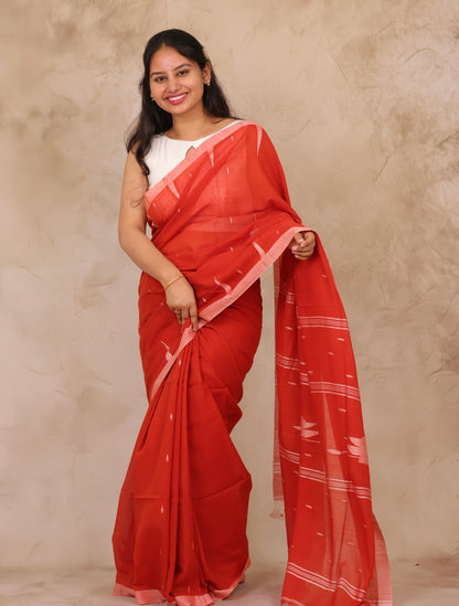 Orange Handwoven Malai Cotton Saree| Looms & Tassels