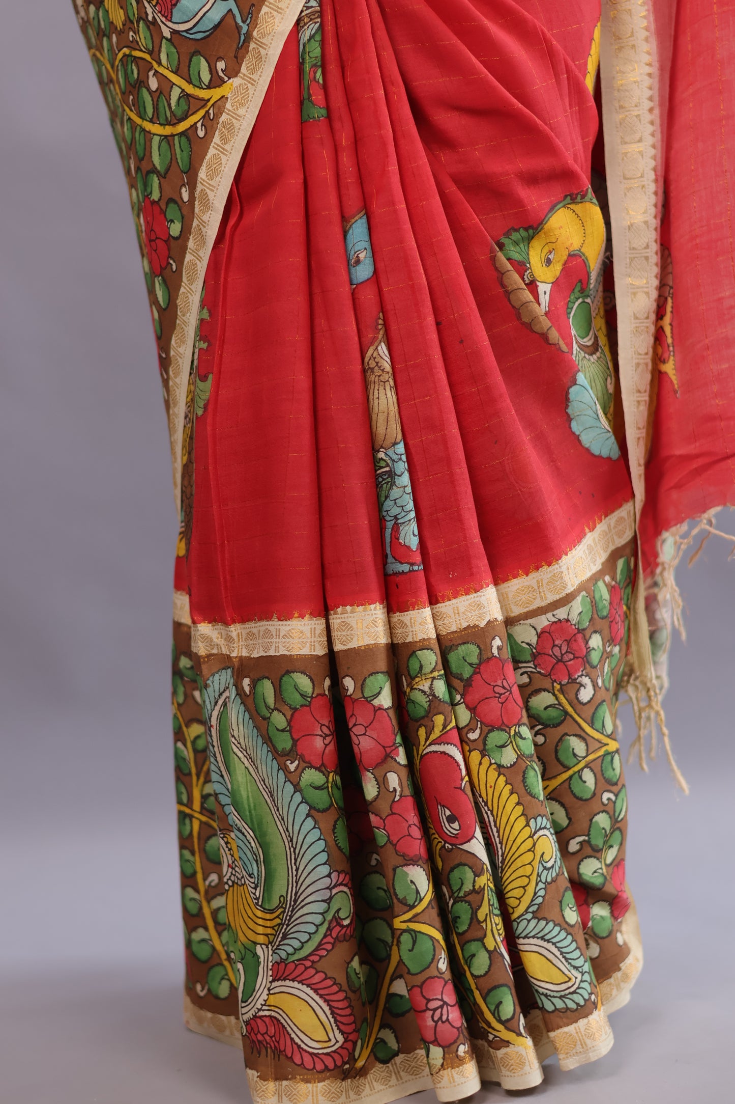 Red Hand Painted Pen Kalamkari Bangalore Silk Saree with Sungdi Borders