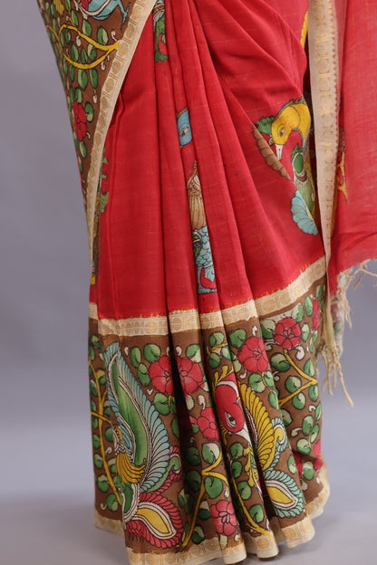 Red Hand Painted Pen Kalamkari Bangalore Silk Saree with Sungdi Borders