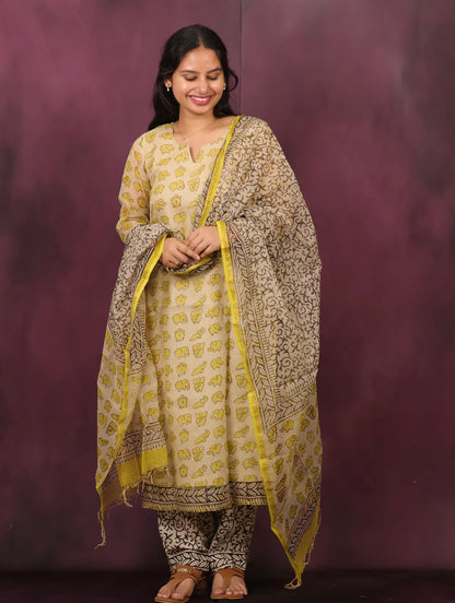 Cream & Yellow Elephant Handblock printed kota 3 piece suit (stitched)