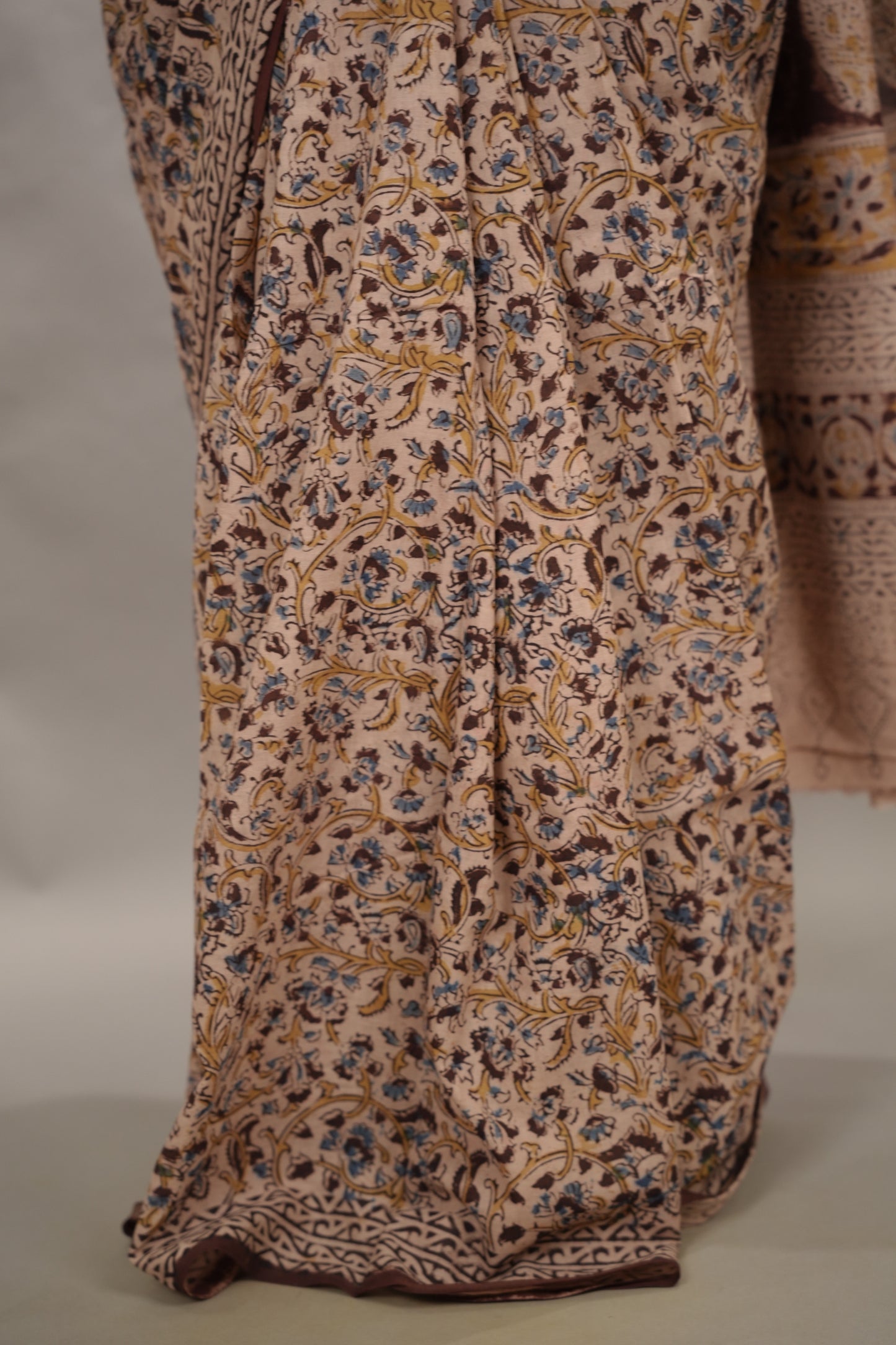 Cream Hand Block Printed Kalamkari Cotton Saree | Looms & Tassels