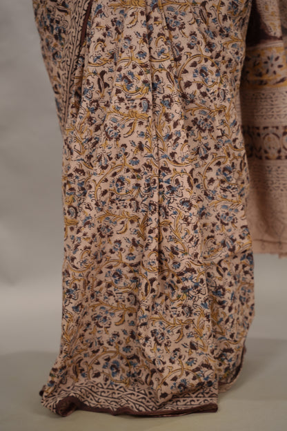 Cream Hand Block Printed Kalamkari Cotton Saree | Looms & Tassels