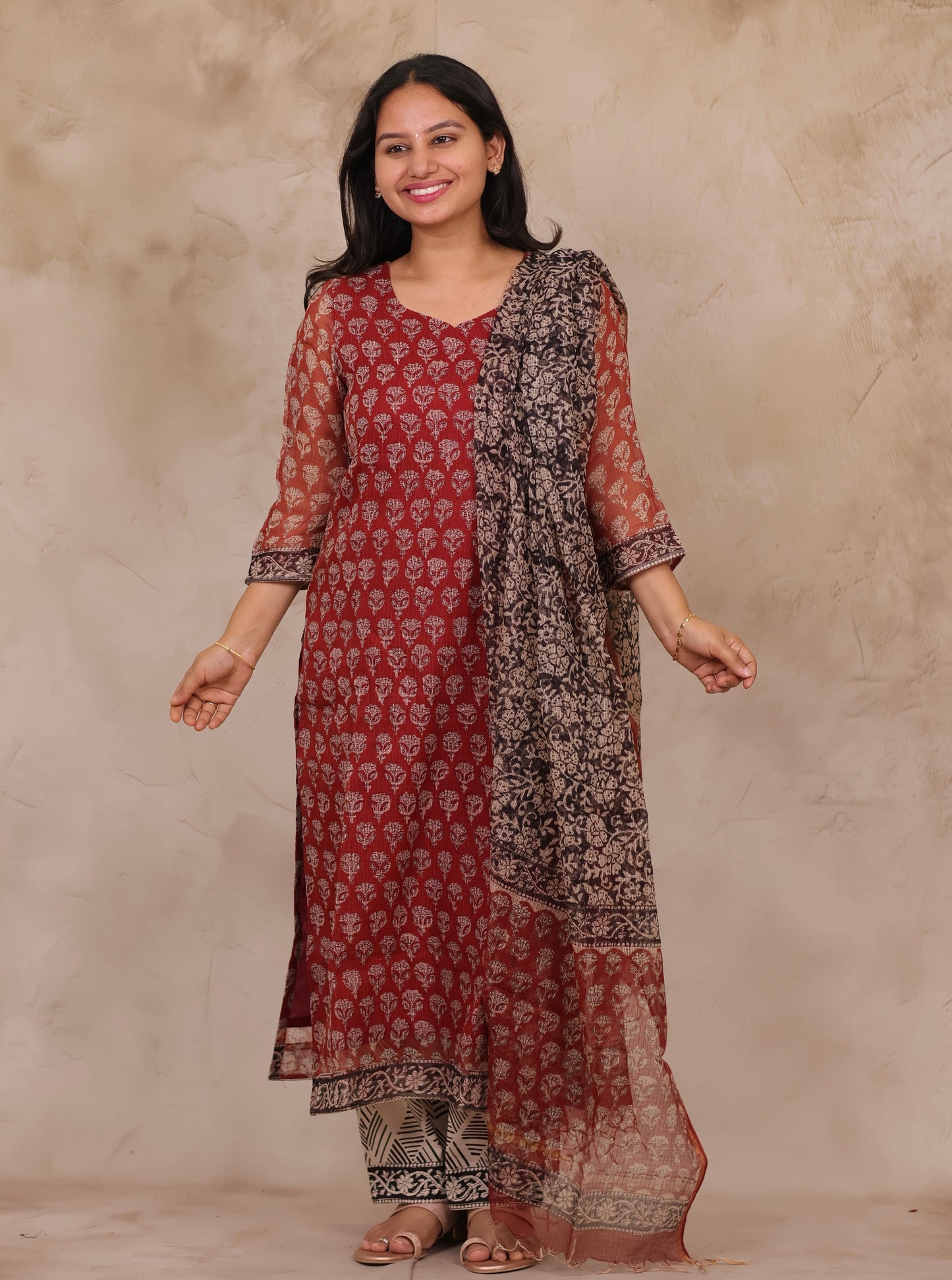 Maroon Handblock printed kota 3 piece suit (stitched)