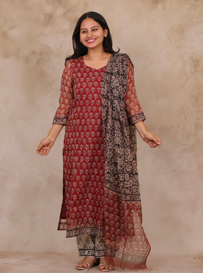 Maroon Handblock printed kota 3 piece suit (stitched)