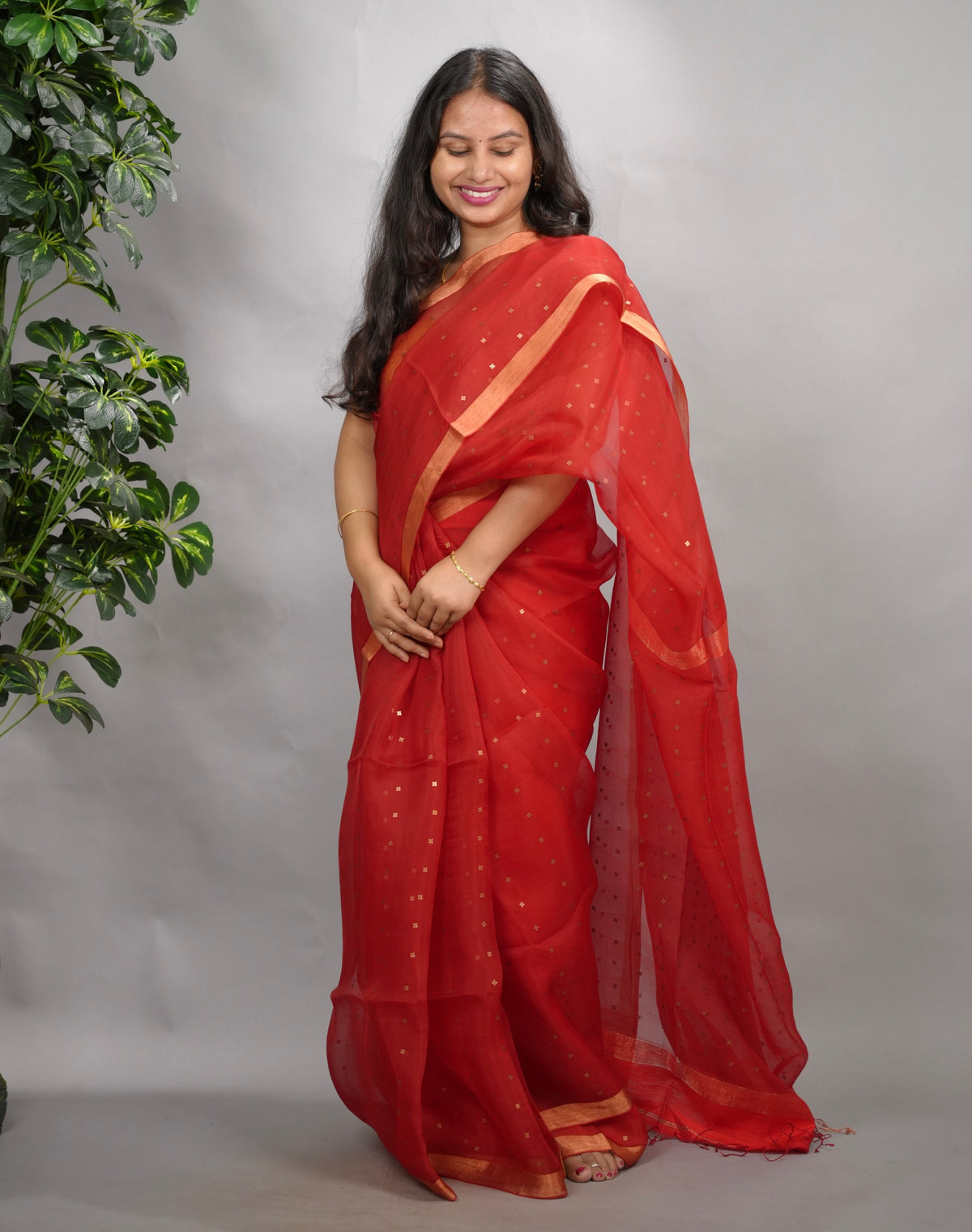 Red Handwoven Muslin Silk Saree With Sequence Work | Looms & Tassels