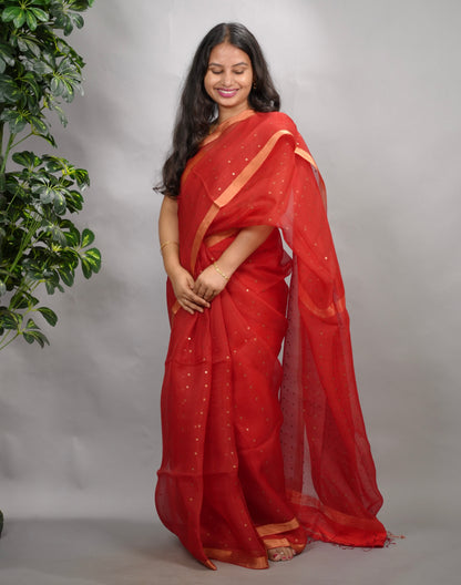 Red Handwoven Muslin Silk Saree With Sequence Work | Looms & Tassels