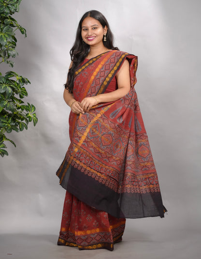 Maroon Ajrakh Hand Block Printed Sungudi Cotton Saree | Looms & Tassels