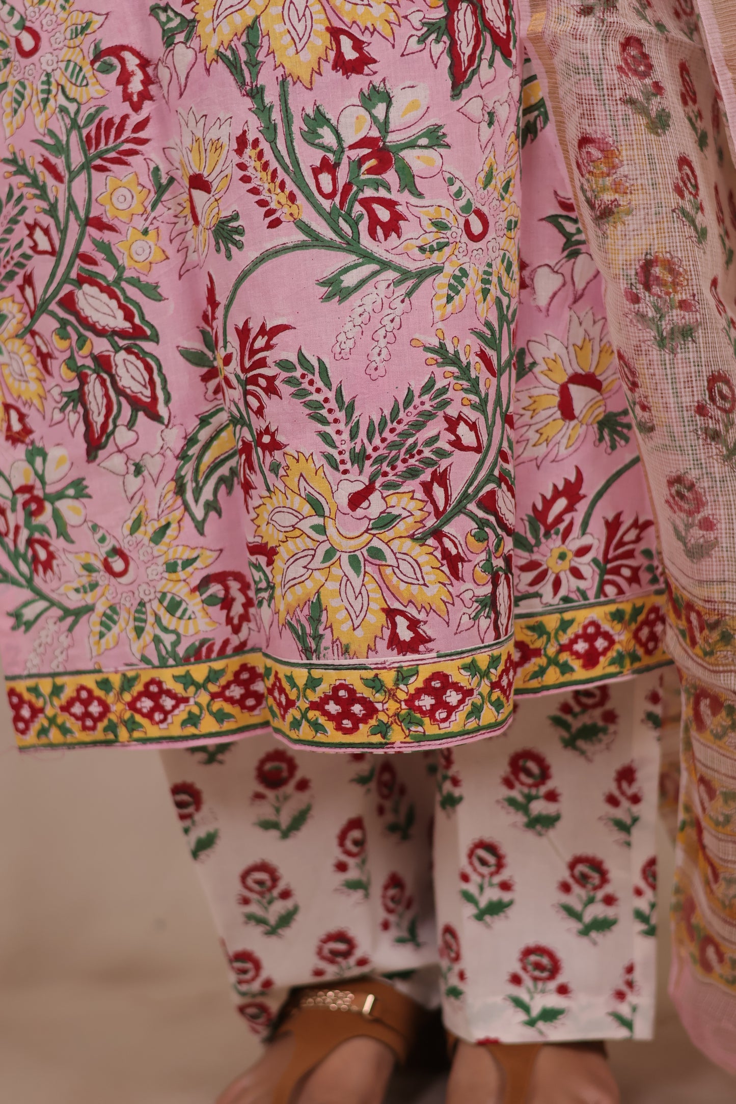Pastel Pink Handblock printed Pure Mul Cotton with Kota Doria Duppata 3 piece suit (stitched)