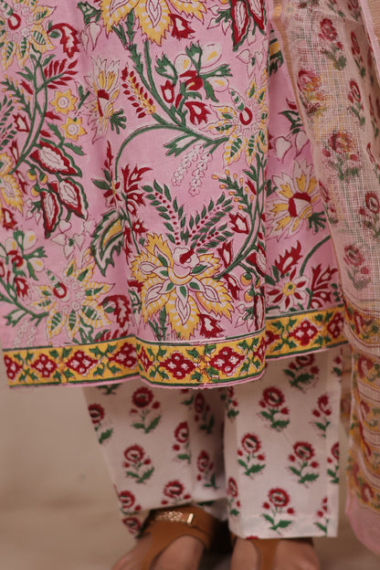 Pastel Pink Handblock printed Pure Mul Cotton with Kota Doria Duppata 3 piece suit (stitched)