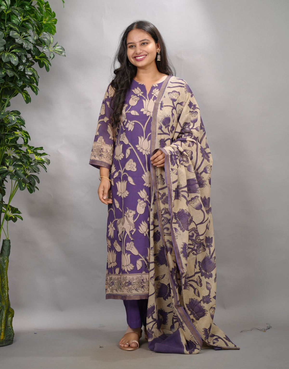 Purple Kalamkari Kota Cotton 3 piece suit (stitched) | Looms & Tassels