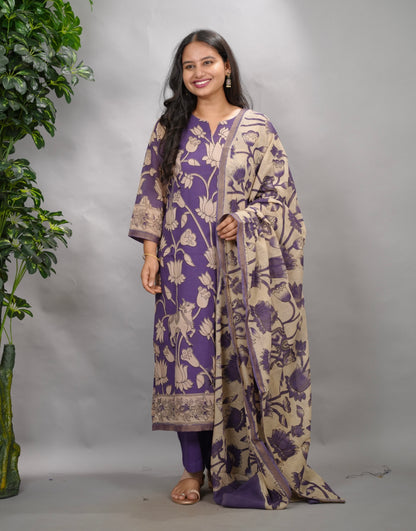 Purple Kalamkari Kota Cotton 3 piece suit (stitched) | Looms & Tassels