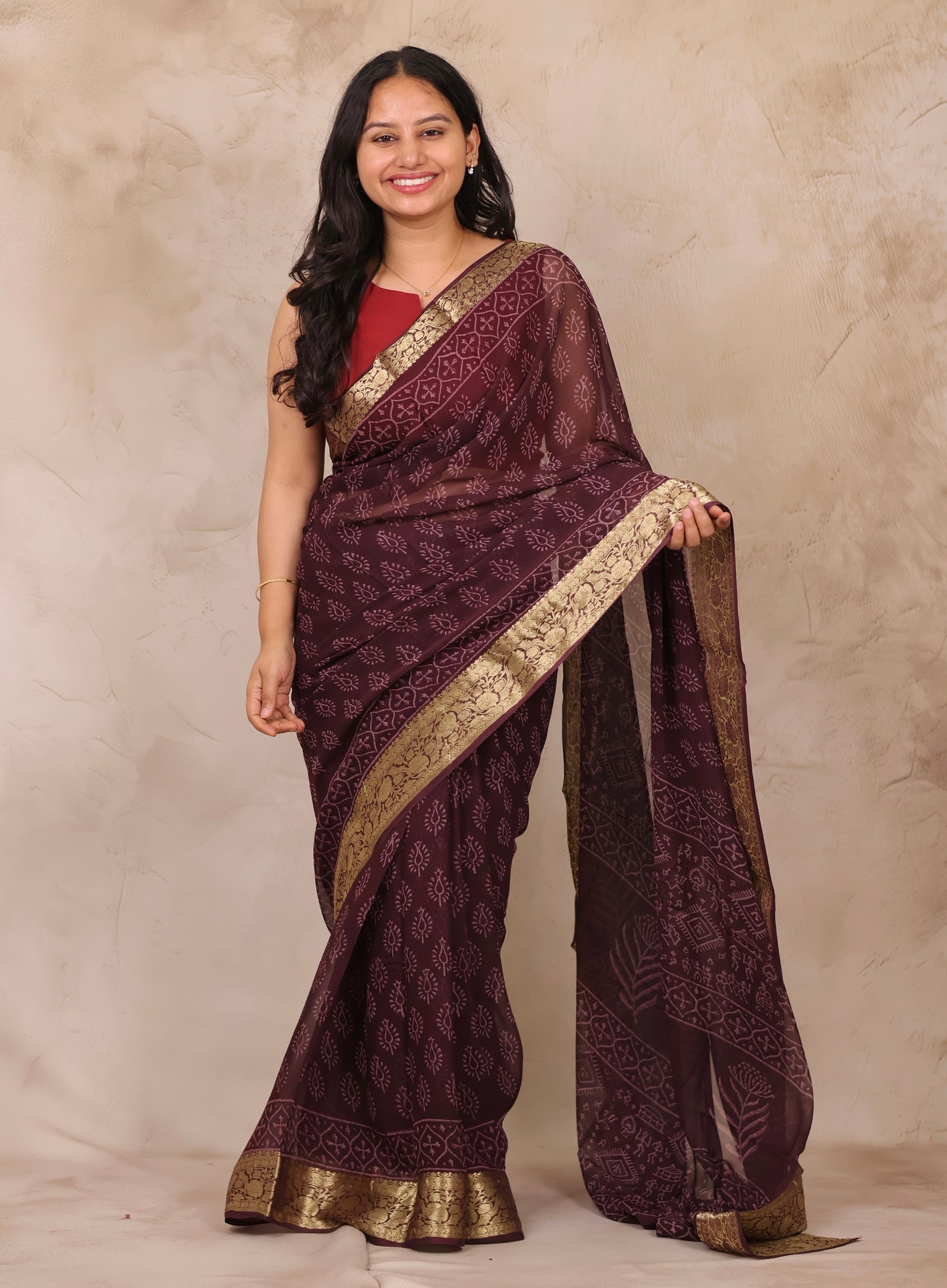 Coffee Brown Chiffon Hand Block Printed Saree with Jari Border | Looms & Tassels