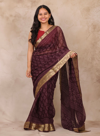 Coffee Brown Chiffon Hand Block Printed Saree with Jari Border | Looms & Tassels