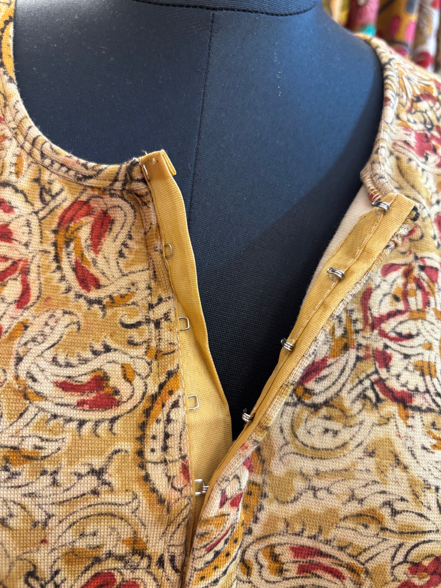 Round neck Stretchable Hand block printed kalamkari blouse with front hooks