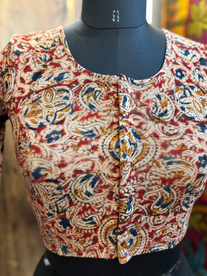 Round neck Stretchable Hand block printed kalamkari blouse with front hooks