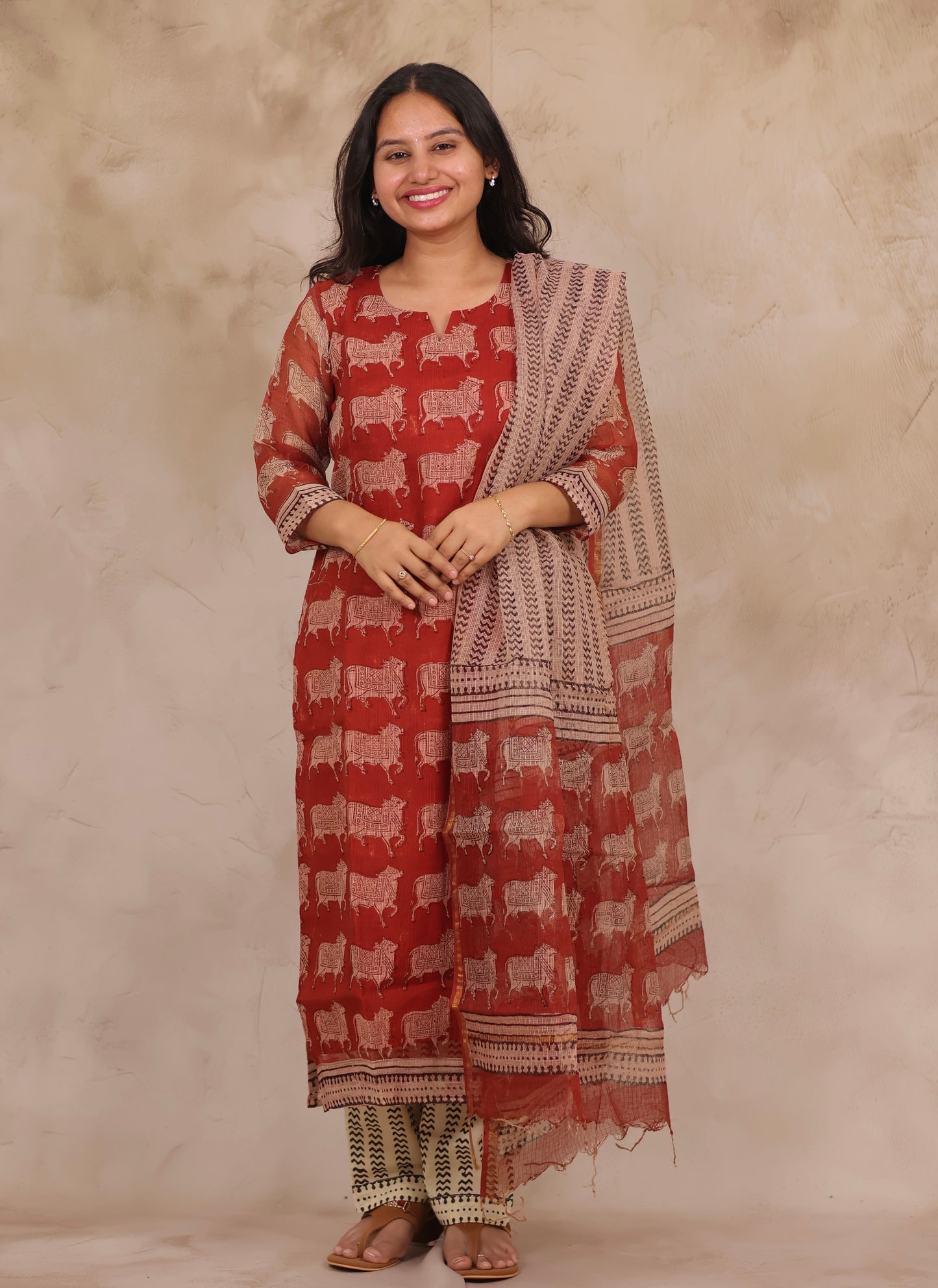 Maroon Pichwai Handblock printed kota 3 piece suit (stitched)