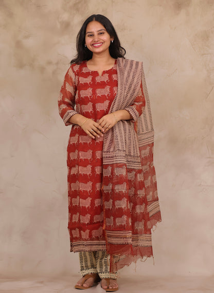 Maroon Pichwai Handblock printed kota 3 piece suit (stitched)