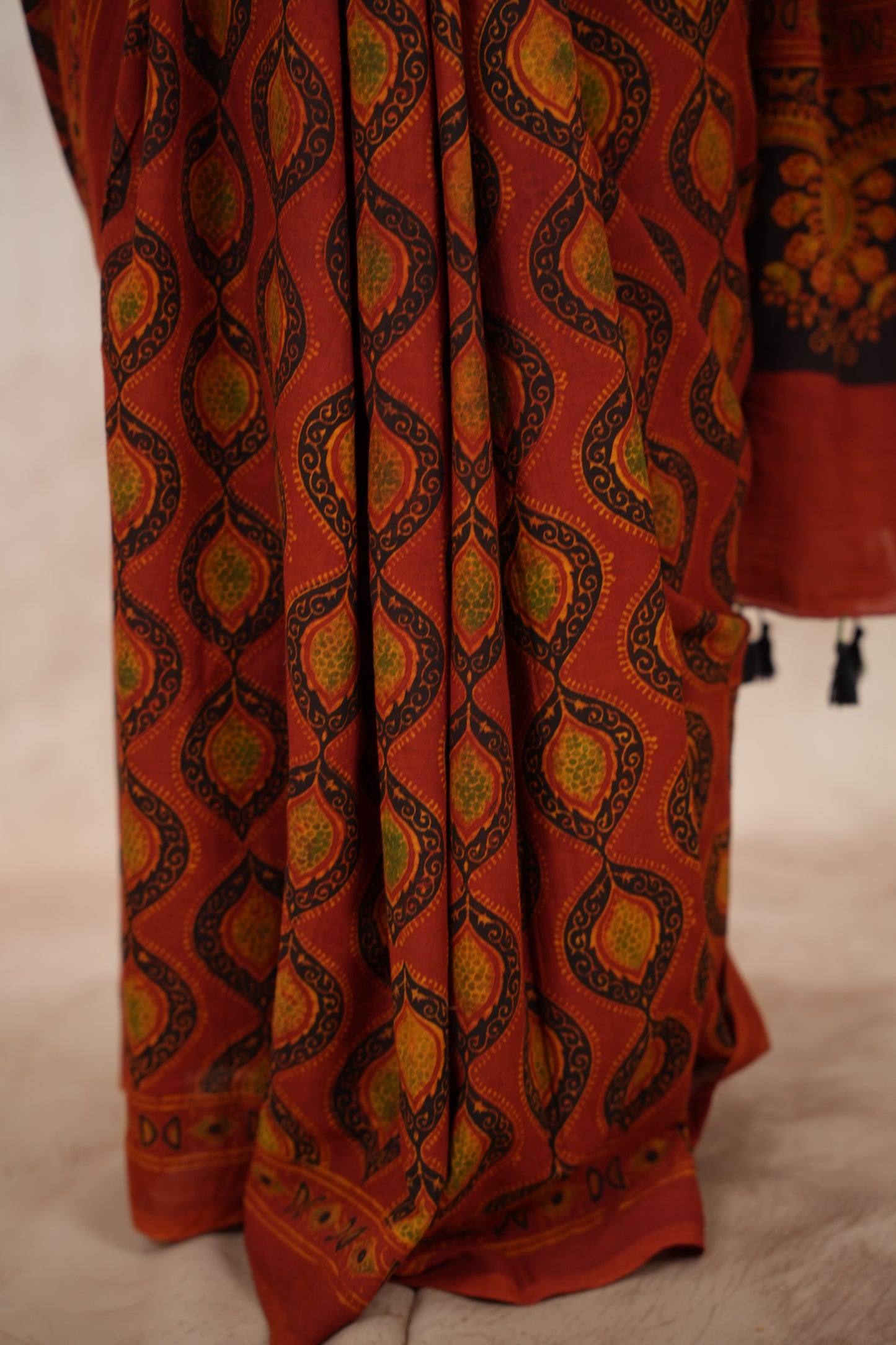Ajrakh Hand Block Printed Cotton Saree | Looms & Tassels