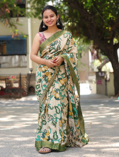 Green Lotus Nizam Border Kalamkari Silk Saree