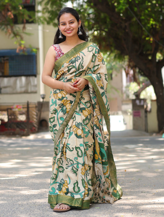 Green Lotus Nizam Border Kalamkari Silk Saree