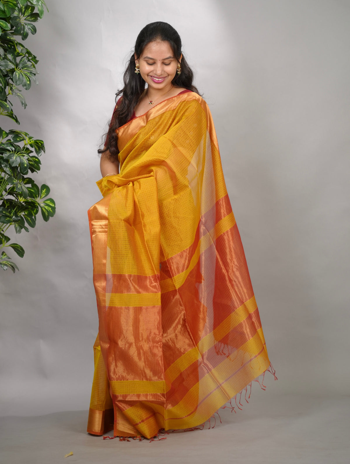 Mustard Yellow Checks Handloom Maheswari Silk Cotton Sarees | Looms & Tassels