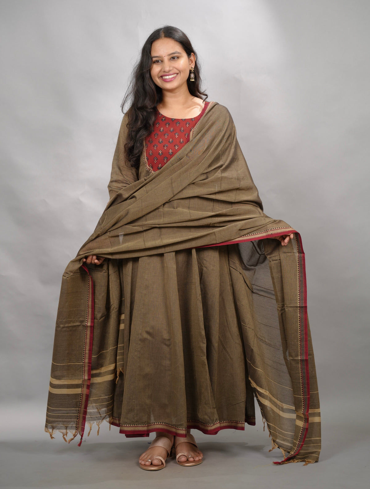 Grey Ajrakh Patch Work Narayanpet Cotton Anarkali Dress with Narayanpet Dupatta | Looms & Tassels