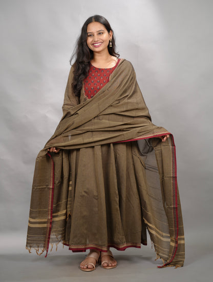 Grey Ajrakh Patch Work Narayanpet Cotton Anarkali Dress with Narayanpet Dupatta | Looms & Tassels