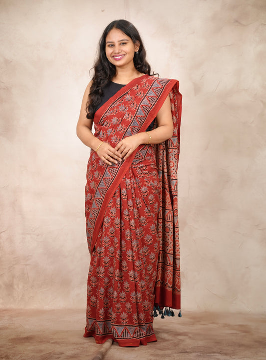 Red Ajrakh Hand Block Printed Cotton Saree | Looms & Tassels