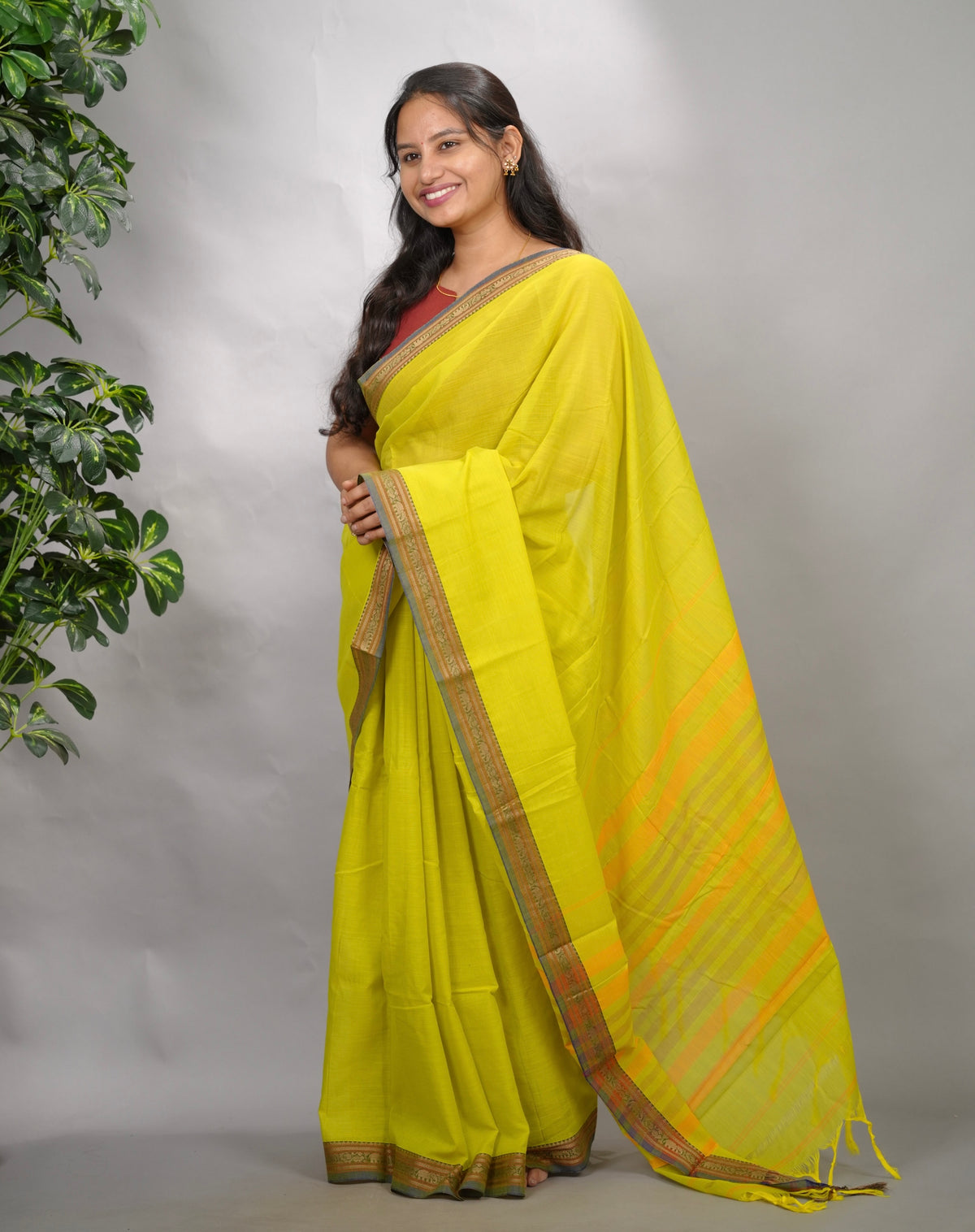 Lemon Green Narayanpet Cotton Saree | Looms & Tassels