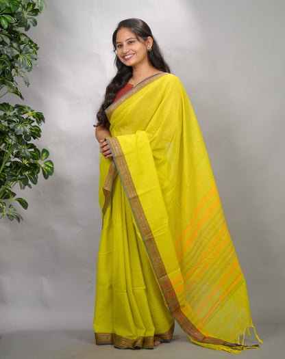 Lemon Green Narayanpet Cotton Saree | Looms & Tassels