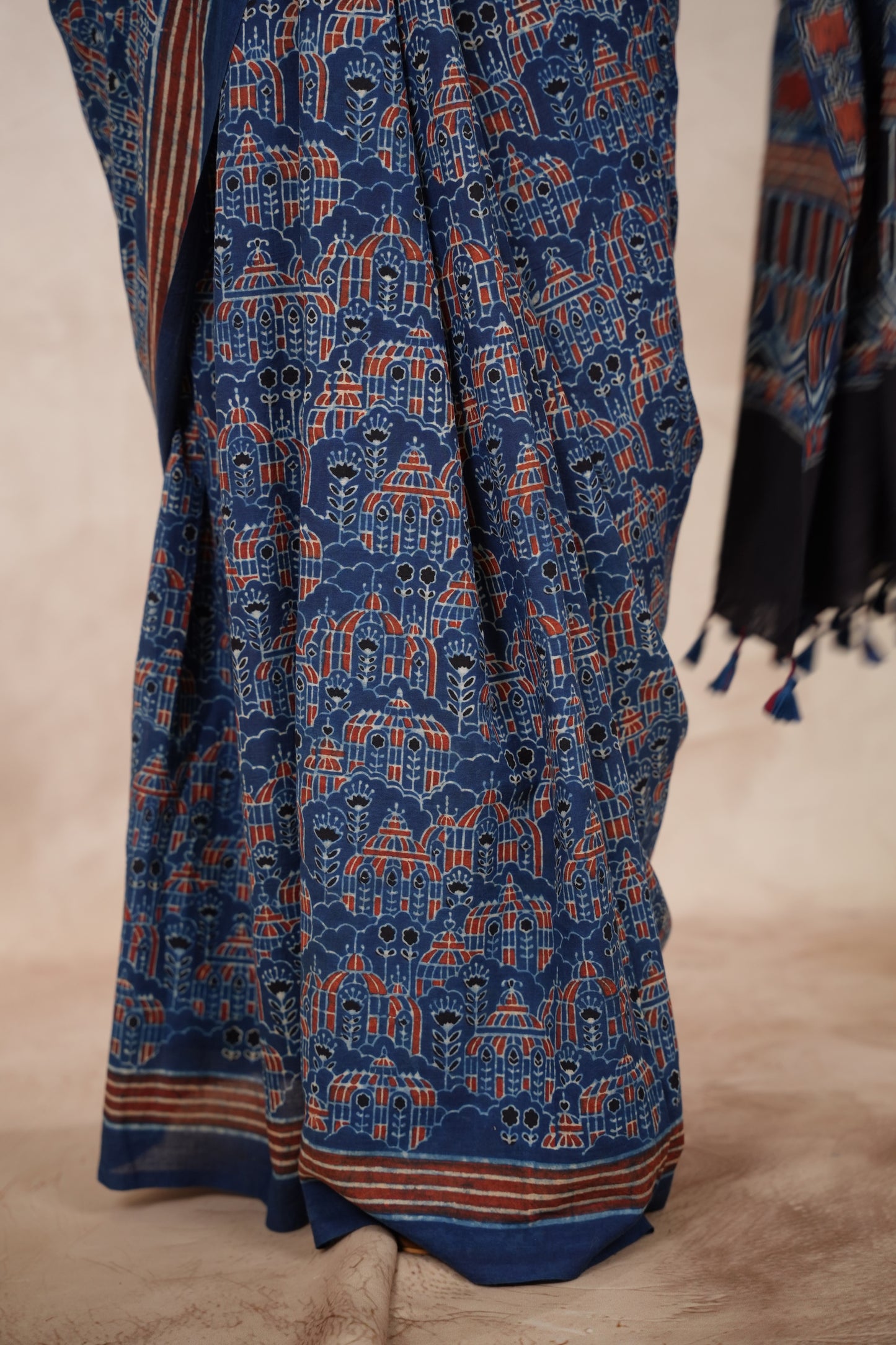 Indigo Ajrakh Hand Block Printed Cotton Saree | Looms & Tassels