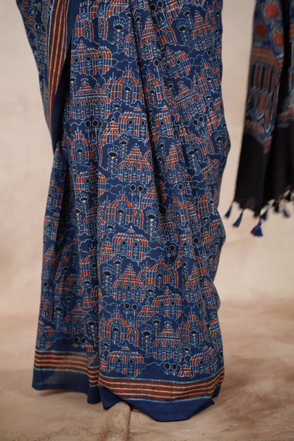 Indigo Ajrakh Hand Block Printed Cotton Saree | Looms & Tassels