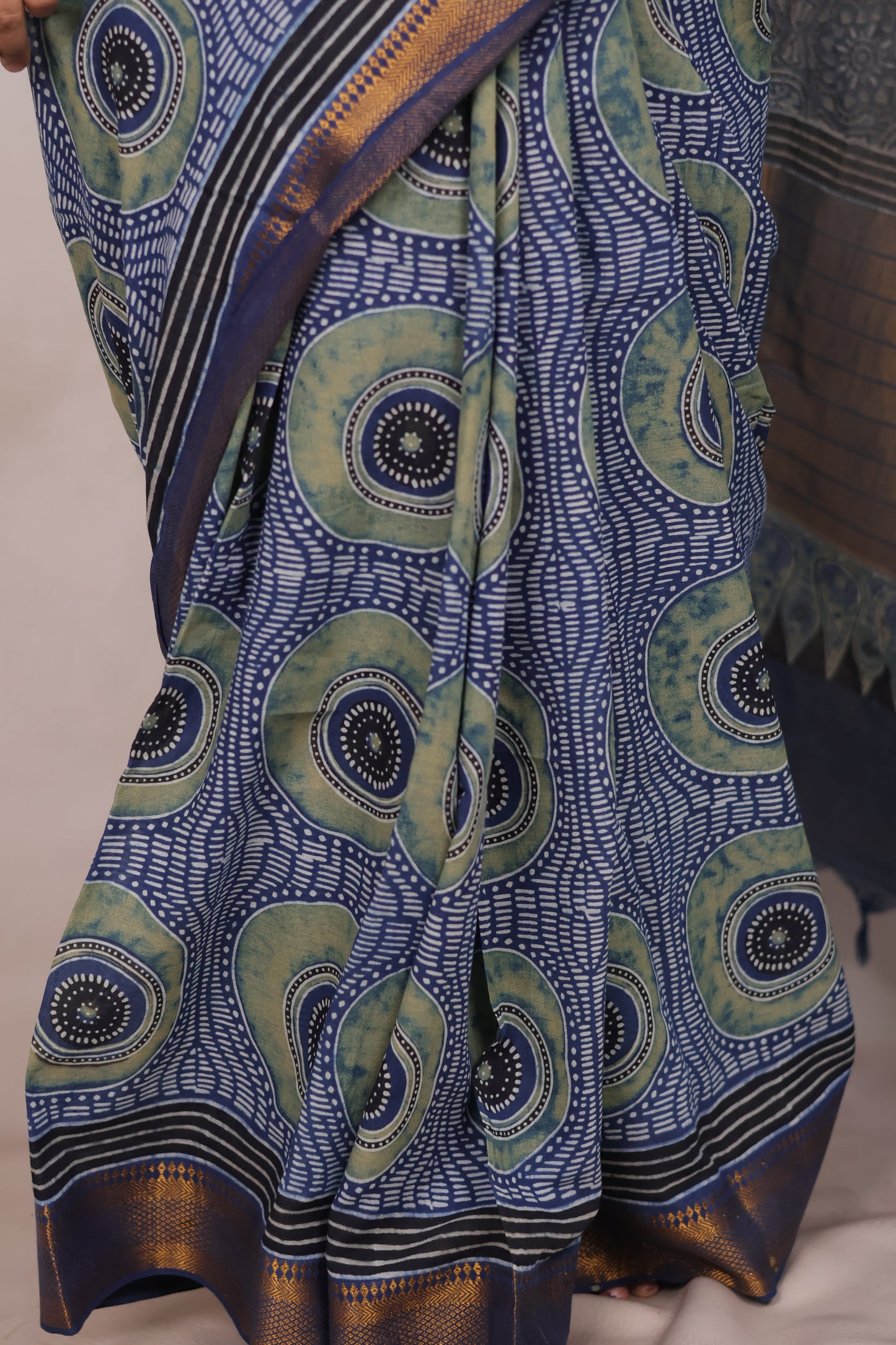 Indigo Ajrakh Hand Block Printed Mangalagiri Cotton Saree | Looms & Tassels