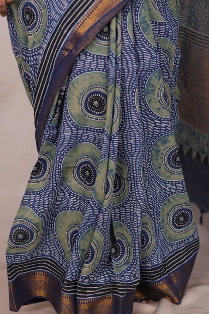 Indigo Ajrakh Hand Block Printed Mangalagiri Cotton Saree | Looms & Tassels